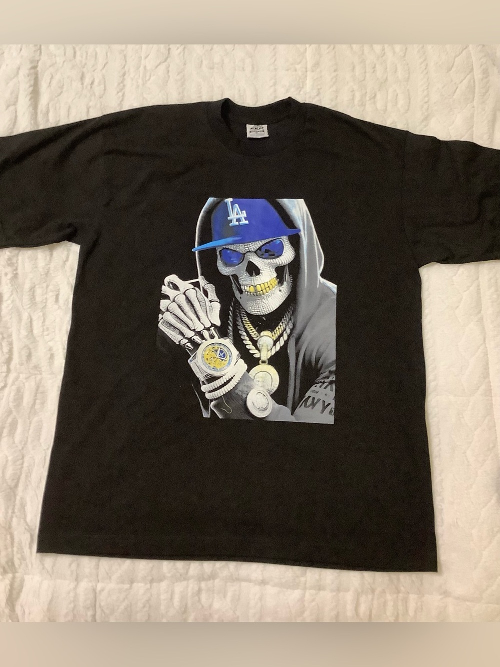 Black, Short Sleeve Graphic Tee with Blue Dodgers Cap Skull Design